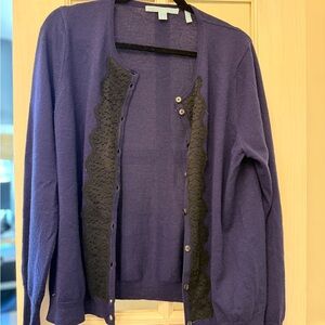 Draper James Navy Cardigan with Black Lace Trim